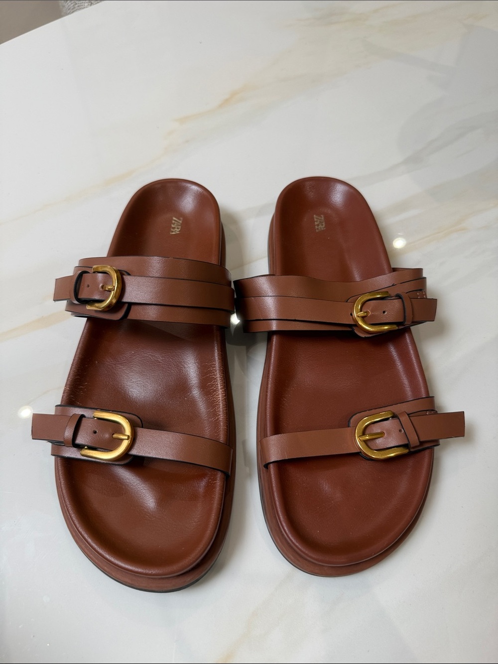Zara Brown Double Strap Slide Sandals with Gold Buckles
